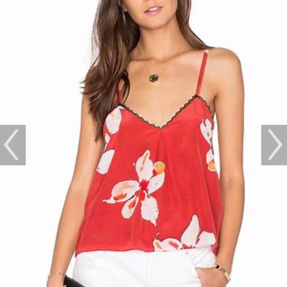 Alice & Olivia Carlene Red Silk Lace Trim Top